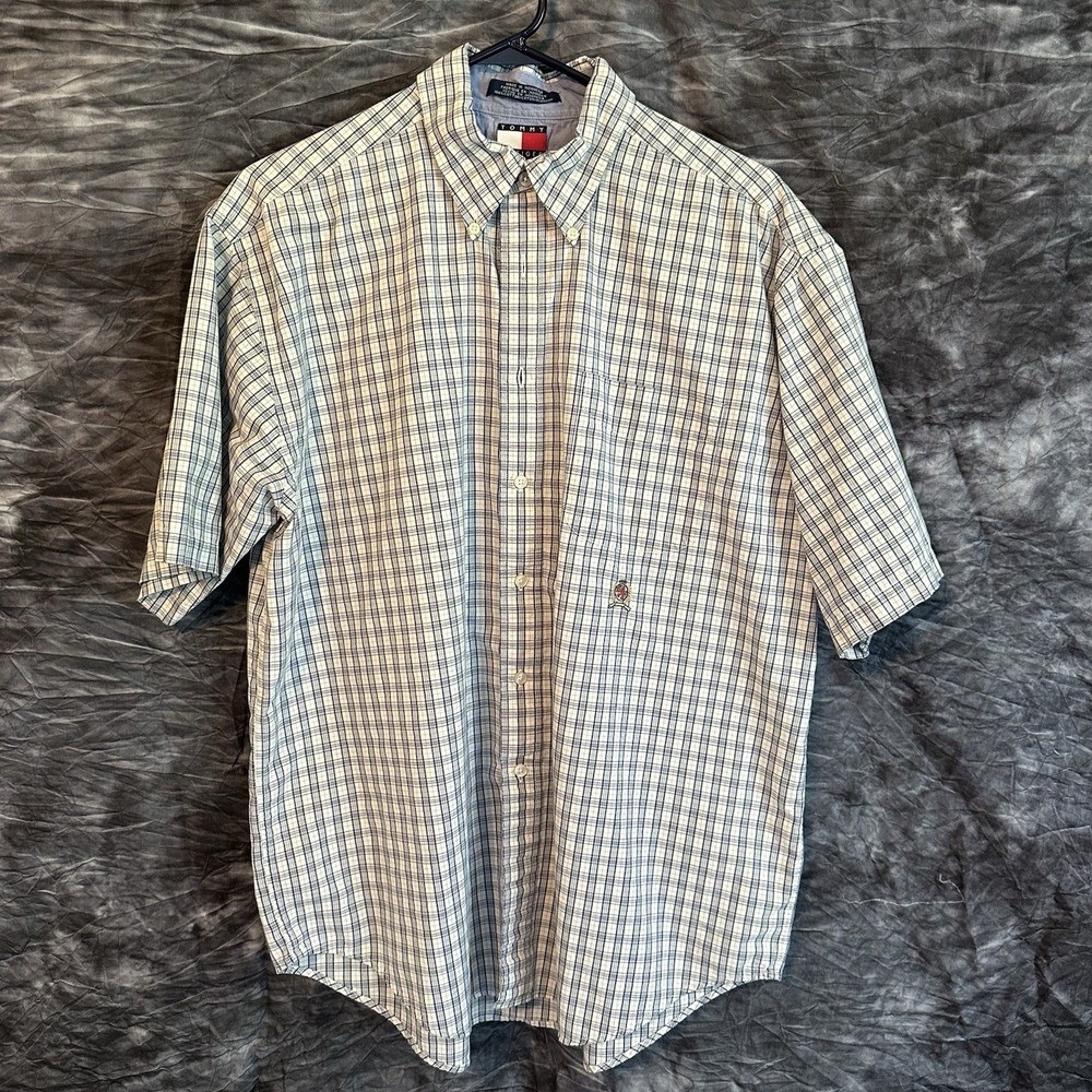 Tommy Hilfiger Crest Logo Plaid Button Front Shirt Men's XL Blue White Cotton